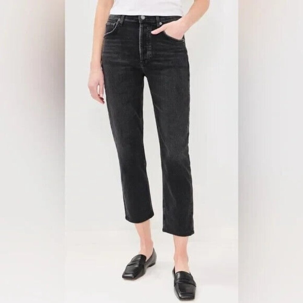 Agolde Riley High Rise Straight Crop Jeans in Panoramic Washed Black Size 28